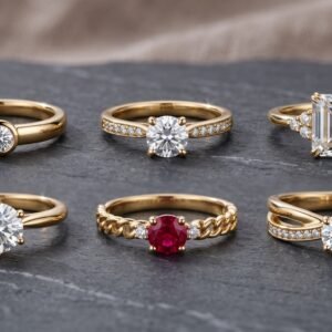 Imagen ilustrativa: seis anillos en oro amarillo con piedras blancas y una roja